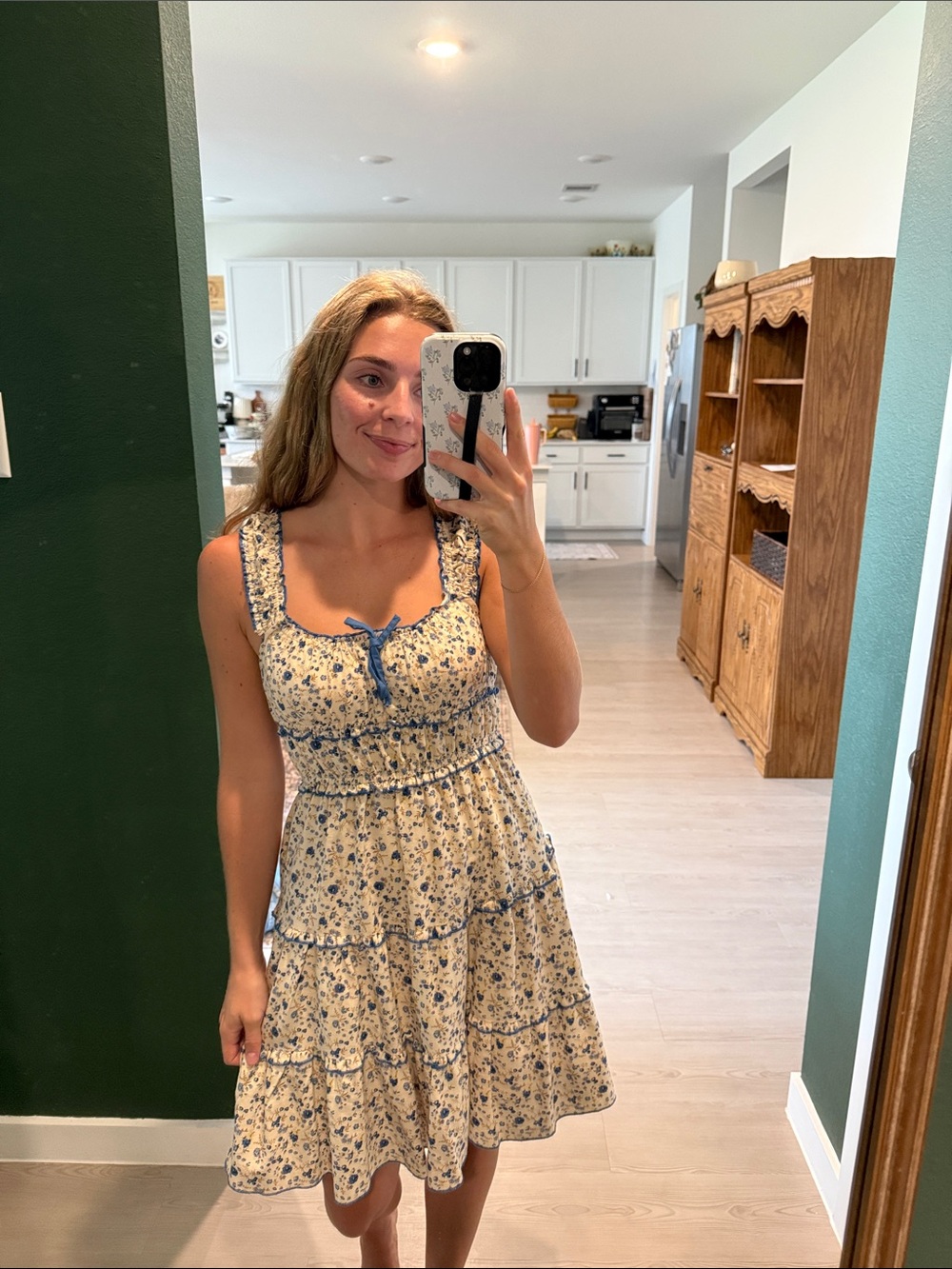 Japna Cream Mini Dress with Blue Floral Print